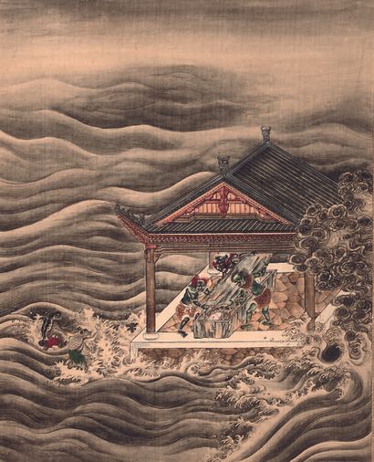CHINE Set of two paintings, inks and colors on silk, representing two episodes of...