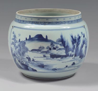 CHINE Circular porcelain pot decorated in blue underglaze with furniture, vases,...