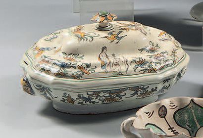 LYON Covered oval earthenware vegetable dish with a contoured border decorated in...