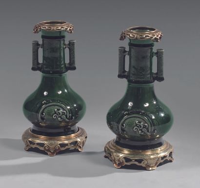 Théodore DECK (1823-1891) 
Pair of earthenware vases in imitation of Chinese celadon...
