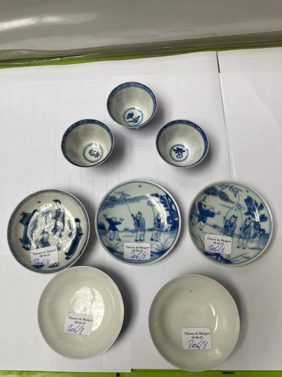 CHINE Three miniature tea bowls and three saucers decorated in blue underglaze with...