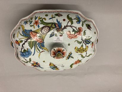 ROUEN Covered oval vegetable dish with contoured edge with polychrome decoration,...