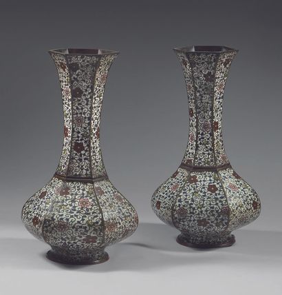 CHINE Pair of cloisonné bronze vases of hexagonal form with long narrow necks.
19th...