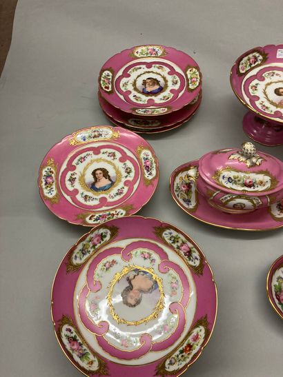 Genre de SEVRES Part of a porcelain service with polychrome decoration on pink background...