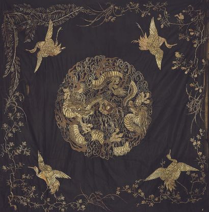 VIETNAM Large rectangular panel in black silk embroidered with gold thread with central...
