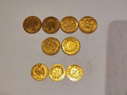 null 
Lot de 9 pièces en or comprenant :

6 pièces de 20 Francs or

3 pièces de 10...