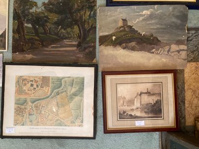 null Lot of 12 watercolors and engravings including: Marine, two views of Brittany,...