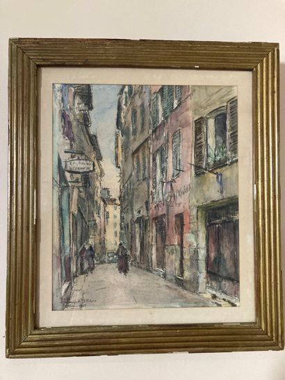 null L. PARISOT PELLETIER 

Nice, view of an alley 

Black stone and watercolor 

Signed...