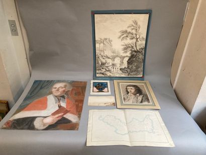 null Lot of 6 sheets of which pastel portrait of a man in a library, landscape with...