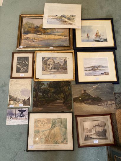 null Lot of 12 watercolors and engravings including: Marine, two views of Brittany,...