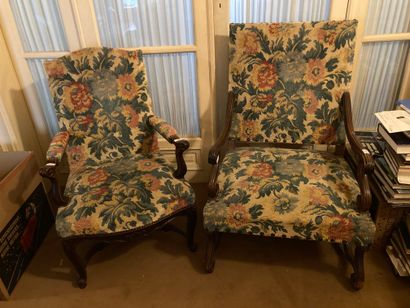 null Two armchairs. One partly Regency period, the second Regency style. Floral decoration....