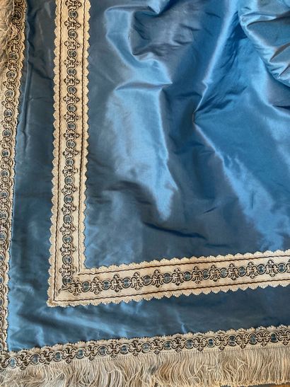 null Pair of blue curtains with embroidery border of white and navy blue ntrelacs...