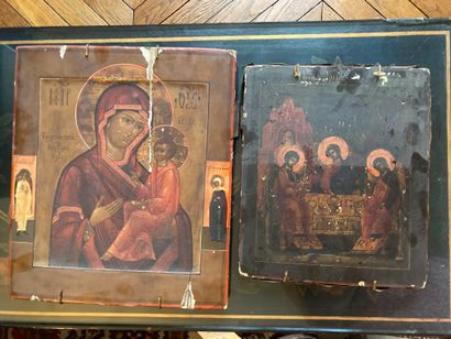 null Deux icônes Vierge à l'enfant et Trois Saints. Dim.: 36 x 31 cm et 31 x 26 cm....