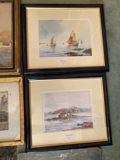 null Lot de 12 aquarelles et gravures comprenant : Marine, deux vues de Bretagne,...