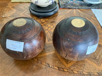 2 turned wood balls inlaid with bone marked...