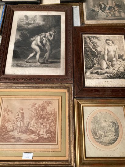 null Lot of engravings, some old, including gallant scenes, biblical scenes, portraits...