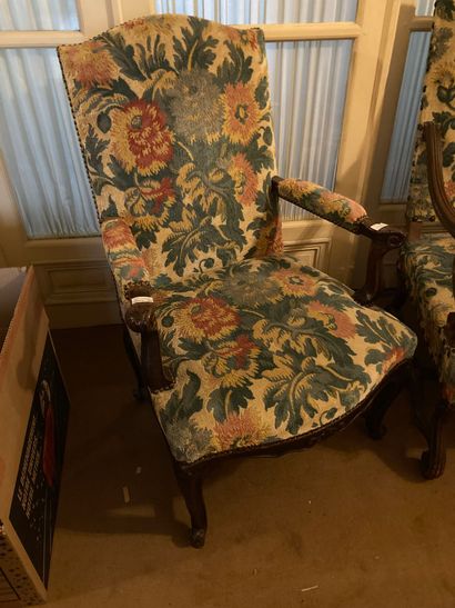null Two armchairs. One partly Regency period, the second Regency style. Floral decoration....