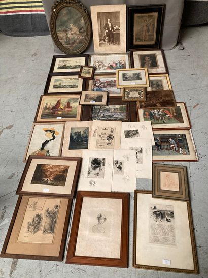 null Lot of modern engravings and reproductions including portraits, seascapes, village...