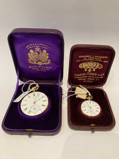 Two pocket watches in gold 750°/°° one of...