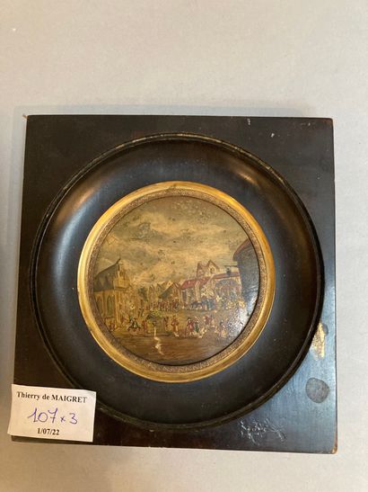 null 3 Miniatures Oil on metal French school XIX th animated scenes diameter 8 cm...