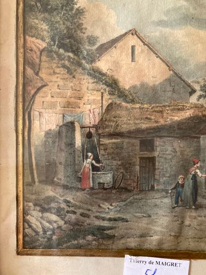 null Farmyard with a well. Framed watercolor. Size: 21 x 16 cm (folds, traces of...