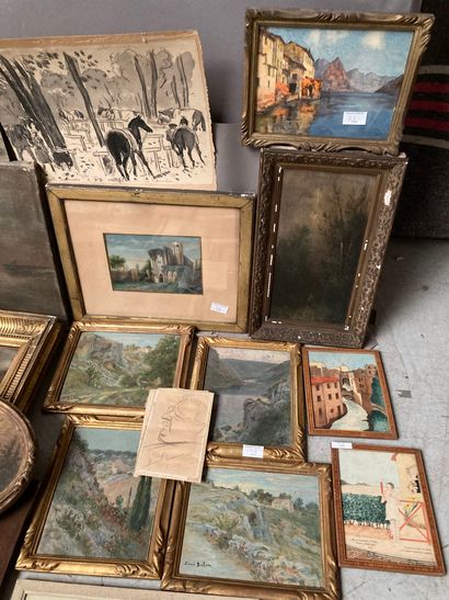 null Lot of various framed paintings including landscapes, seascapes, village views,...