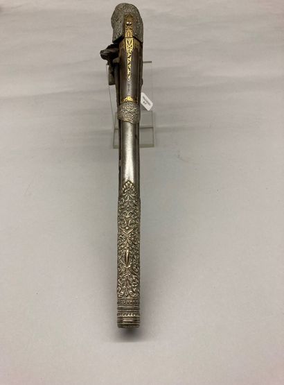 null Oriental flintlock pistol, silver plated metal trim decorated with scrolls,...