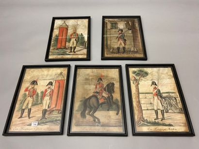 null Cinq dessins aquarellés représentant des militaires allemands, de la garde de...