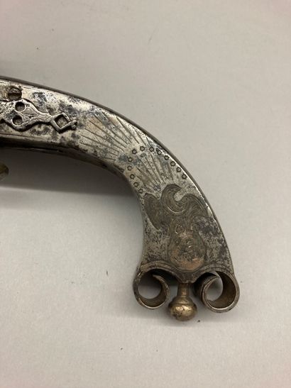 null Scottish flintlock pistol entirely in engraved iron and silver damascene, lock...