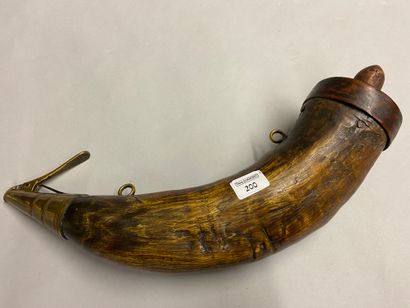 null Large horn gunpowder flask, wooden upper part with wooden screw cap; brass spring...