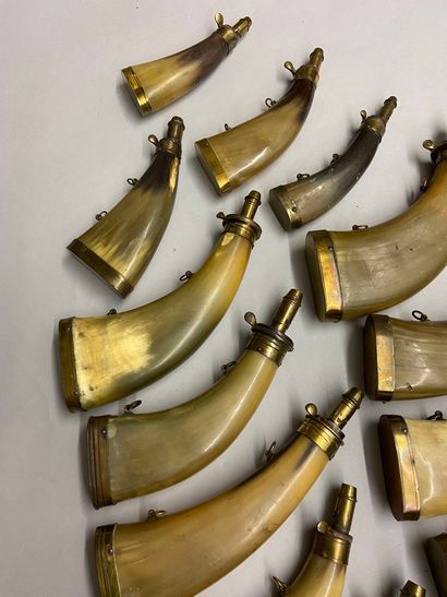 null 15 powder flasks in flattened cow horn with different types of spouts.