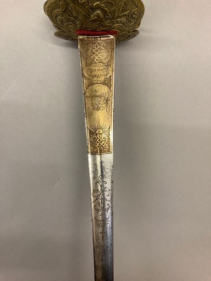 null Officer's court sword, brass guard chased with trophies and foliage, filigree...