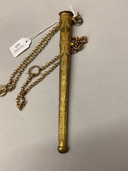 null 
Small naval officer's dagger, round brass guard, gilt and guilloche, round...