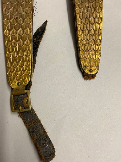 null A chinstrap of officer's shako with gilded scales, bossette with the fleur de...