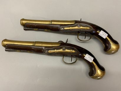 null Pair of converted flintlock percussion naval officer's pistols, brass barrels,...