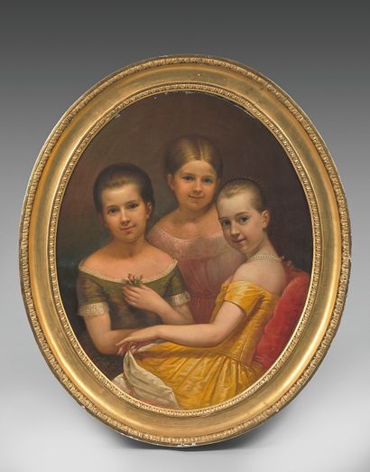 null ECOLE FLAMANDE vers 1880 Portrait de trois jeunes filles Sur sa toile d'origine...