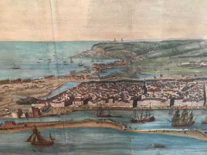null 
Grande gravure couleur, Vue du port du Havre, d'après d'Espinasse (pliure au...