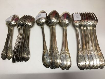 null Six silver cutlery Minerve hallmark, 950 ° / ° ° désor Louis XV style, Monogrammed...