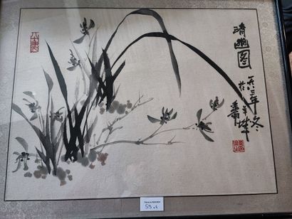 null ASIE. Ensemble de cinq encadrés: Canards (33 x 45 cm), Fleurs en noir (calligraphies...