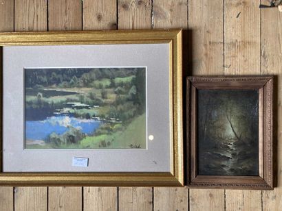 null Under wood and brook - View of pond. Two frames with signatures. 

Size: 20...