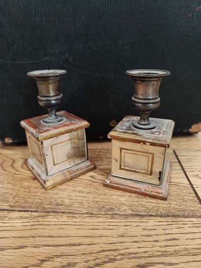 Pair of gilded wood and glass candlesticks....