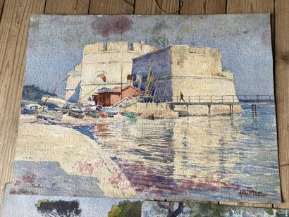 null View of Toulon - View of Hyères - View of Marseille. Three watercolors on paper...