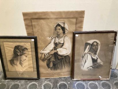 Ensemble de trois portrait de femme, gravures...