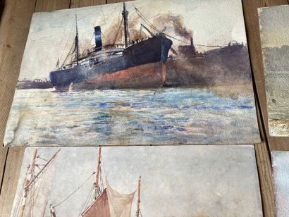 null Ensemble de 5 aquarelles sur papier dont scènes portuaires et marines. 

Différentes...