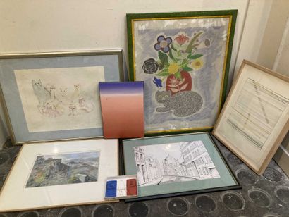 null Lot of 6 modern framed works including litho with cats Leonor Fini, view of...