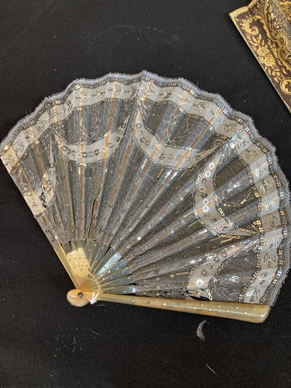 null Set of 2 fans: one with openwork strands, heightened engraving and gouache,...