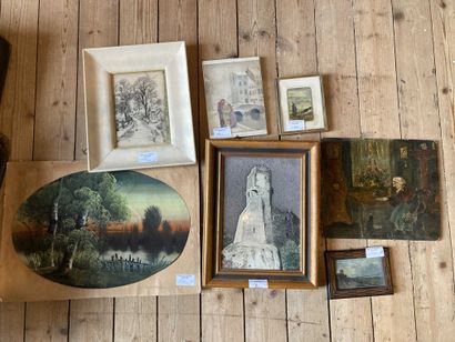 null Set of 7 framed miscellaneous including under wood with the river, woman in...