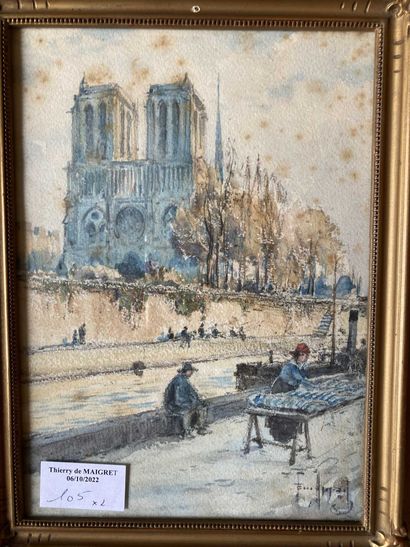 null Vue de la Conciergerie - Vue de Notre Dame. Deux aquarelles. Portant signature...