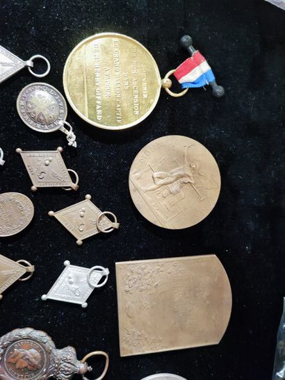 null 
Lot de 15 médailles, plaquettes et insignes XIXe, métaux divers, différents...