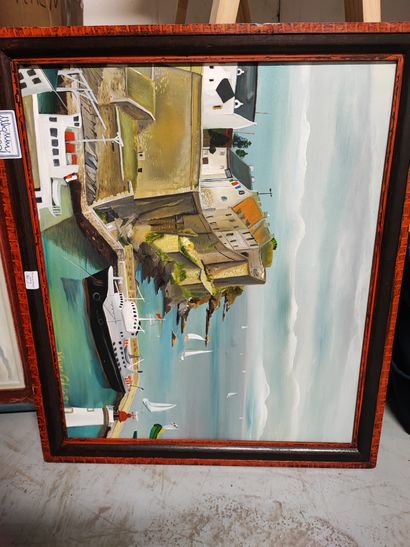 null Naive school, 4 framed, canvas and reproductions : View of the port of Belle-Ile...